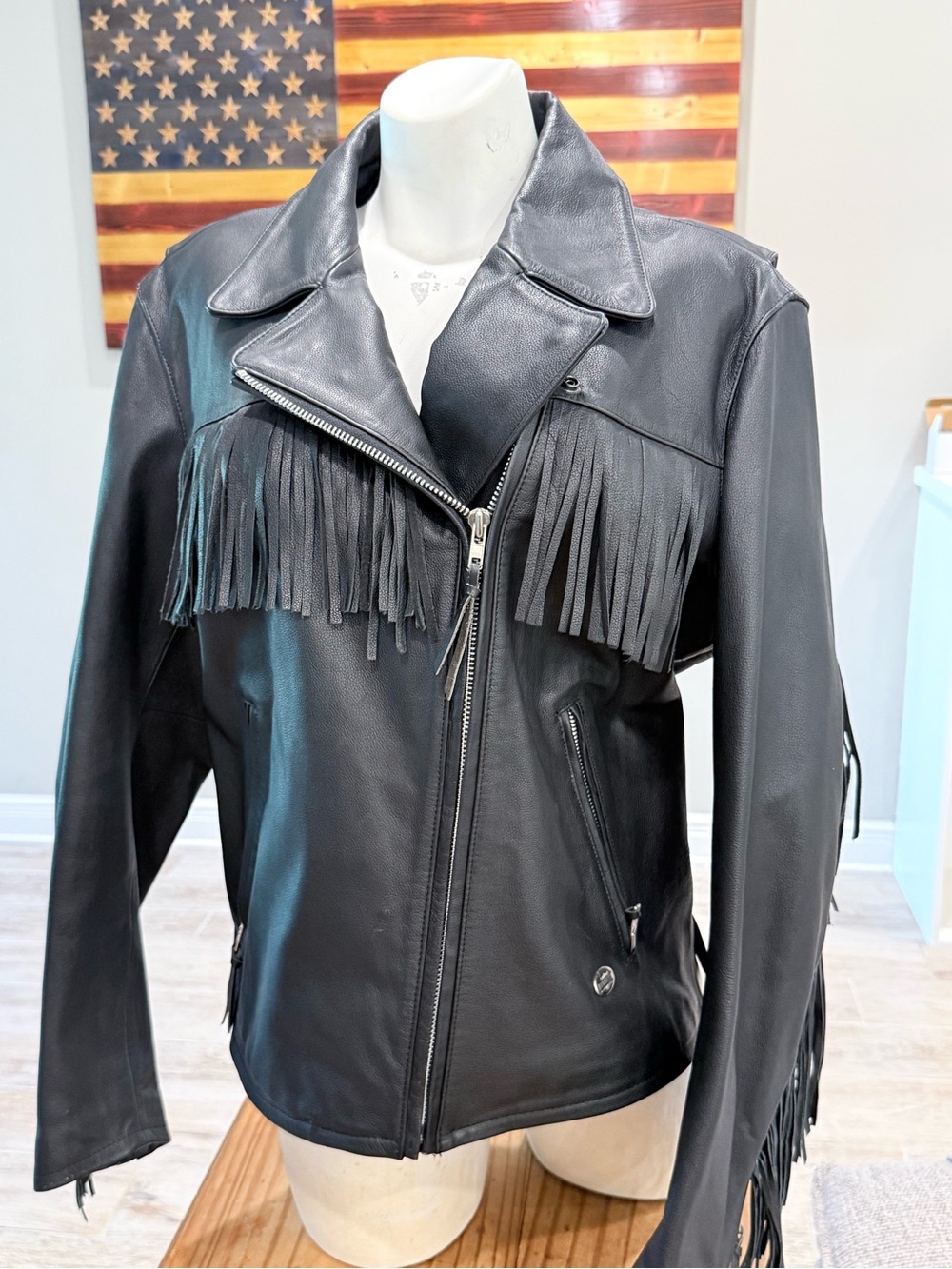Harley-Davidson Black Leather Fringe Motorcycle Jacket - Women